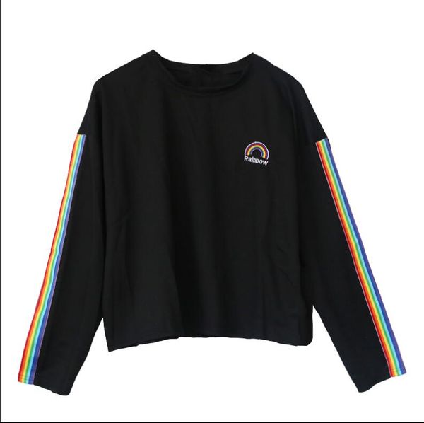 

autumn new korean college wind wild rainbow stripes long-sleeved t-shirt female, White