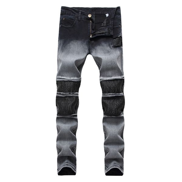 

2018 black gray denim jeans for men pleated straight designer slim trousers biker jeans homme, Blue