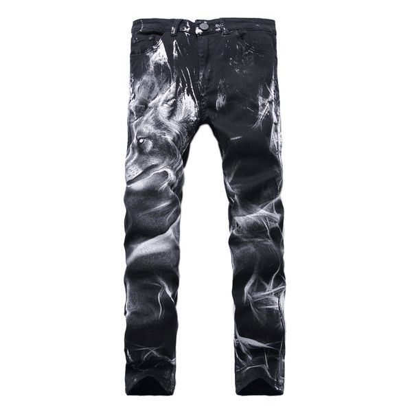 

newsosoo new arrival men's wolf printed jeans men slim fit straight skinny jeans pants fashion designer nightclub trousers, Blue