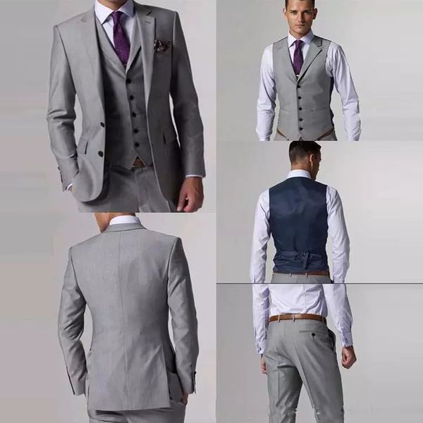 Personalizza lo smoking dello sposo slim fit Groomsmen grigio chiaro spacco laterale matrimonio abito da uomo migliore abiti da uomo (giacca + pantaloni + gilet + cravatta)