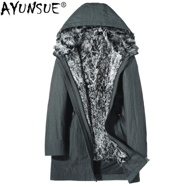 

ayunsue parka men real wool fur liner coats winter jacket men real fur coat jackets plus size parkas veste homme my1282, Black