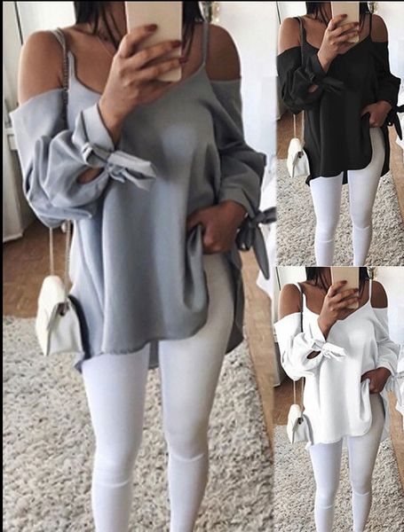 

Wholesale 2018new Style Pure Color Loose Type Temperament Commuting Shirts Women's Sexy Suspender Round Neck Collar Shirt