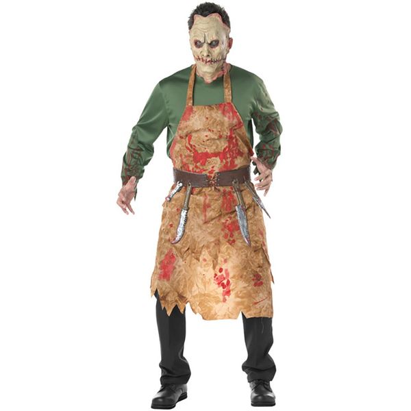 

bloody butcher costume horror ghoul killer costume scary halloween fancy dress shirt mask apron belt men's cosplay outfit, Black;red