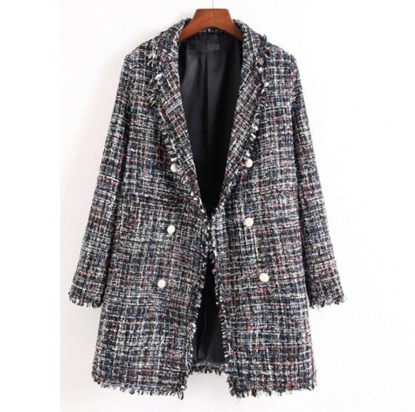 

vintage chic checked tweed coat women new fashion autumn faux pearl double outwear wool blends female coat, Black