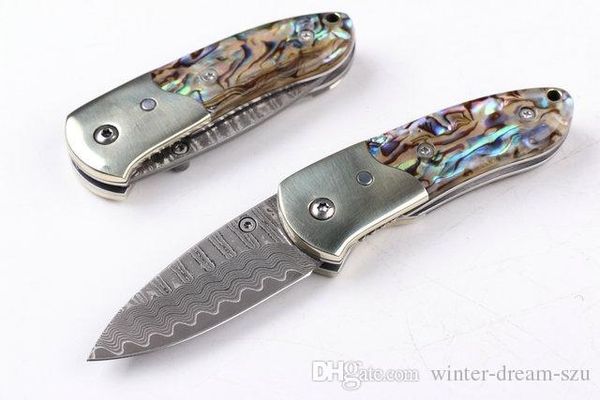 

Small Size Damascus Tactical Survival EDC Knife Natural Abalone Handle Camping Hunting Pocket Folding Collection Knives 4 Inch Closed P238R