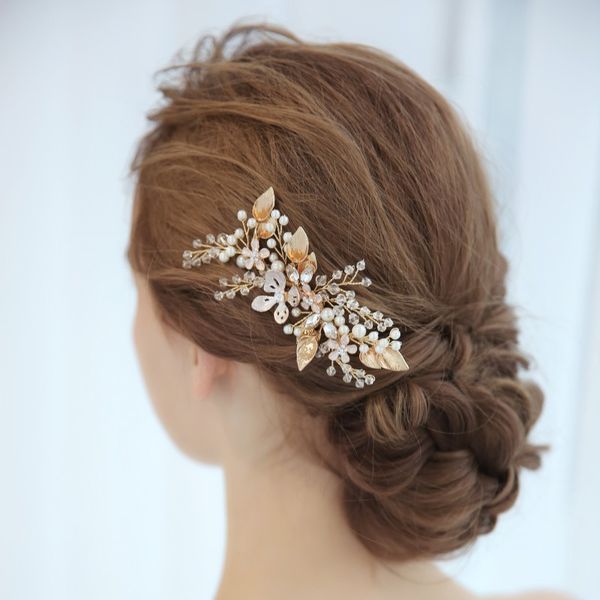 2019 Hot Gold Floral Hair Piece Wedding Comb Pearls Bridal Jewelry