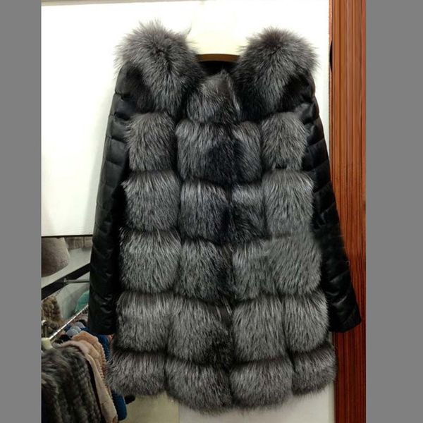 

new high imitation silver fur coat pu sleeves winter warm plus size overcoat, Black