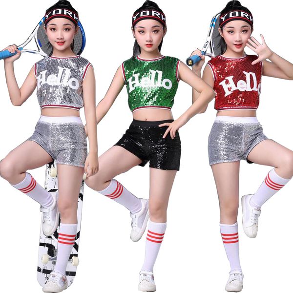 

sliver girls sequined ballroom jazz hip hop dance competition costume +shorts kid stage wear party dancing wear outfits, Black;red