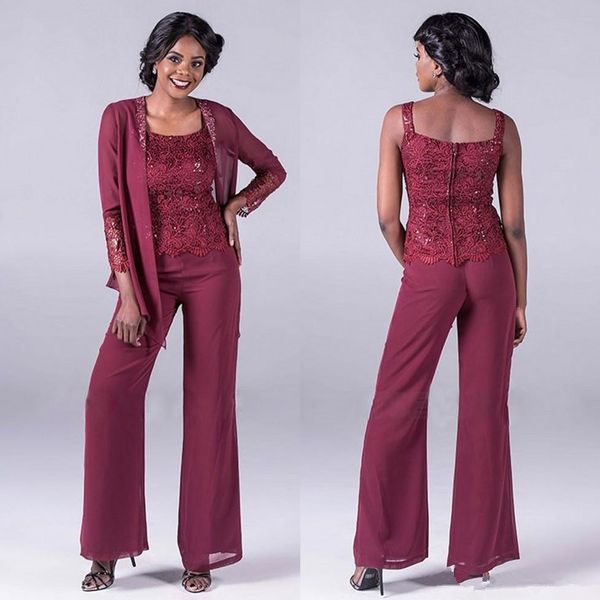 

burgundy lace mother of the bride pant suits with jackets sequined wedding guest dress plus size chiffon mothers groom dresses, Black;red