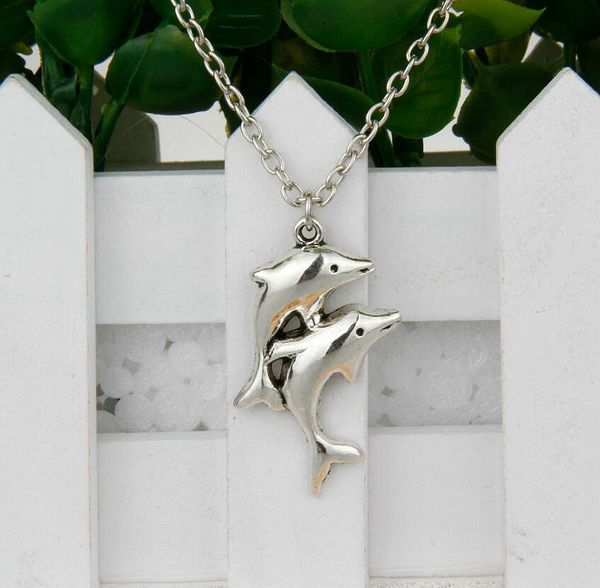 

горячая распродажа 12 шт. античное серебро двойной дельфин шарм кулон ключица короткое ожерелье мода женщины ювелирные изделия уникальный ди, Silver