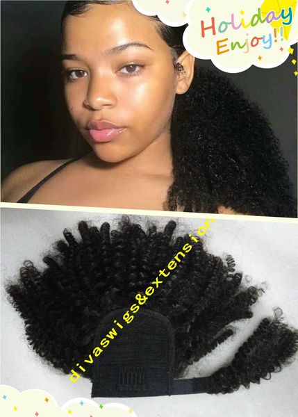 

raw remy virgin peruvian human hair natural color afro kinky curly hair piece wraps around clip-in closure ponytail(10inch) 100g-160g, Black