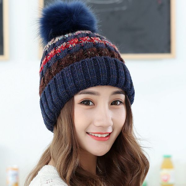 

padegao winter hat lady roll color wool hat fur warm wool knitted, Blue;gray