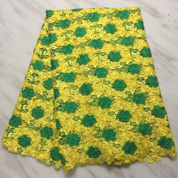 

5Yards/pc Beautiful yellow african water soluble lace with green flower and stones french mesh cord lace for clothes BW127-13