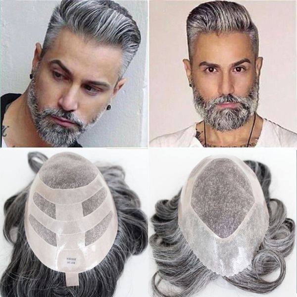 2019 Grey Human Hair Men Toupee Fine Mono With Poly Toupees For
