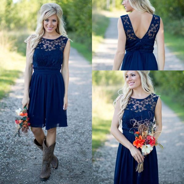 

New Arrival Country Style Royal Navy Blue Short Bridesmaid Dresses 2018 Chiffon Lace Cheap Jewel Backless Knee Length Weddings Guest Dress