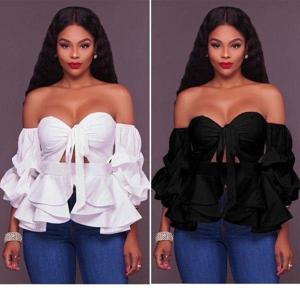 

slash fashion blouse sleeve puff long blouses shirts neck strapless ruffles shoulder off women lckvx, Black