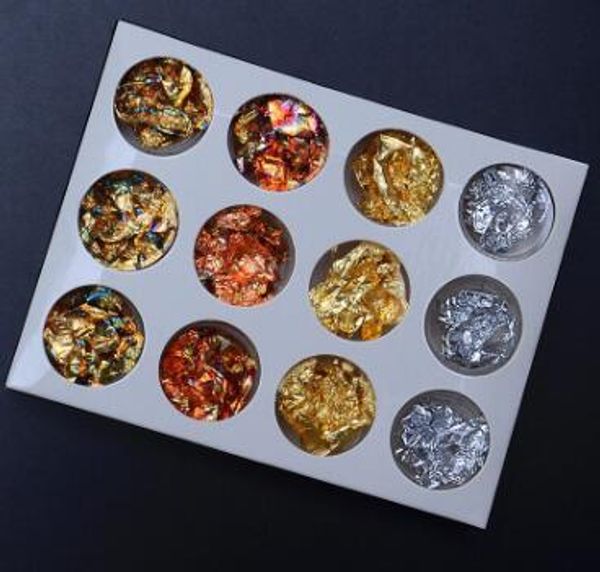 

12pcs gold silver nail art glitter foil chip flake tips polish gel uv design transfer sticker decal manicure tool set, Silver;gold