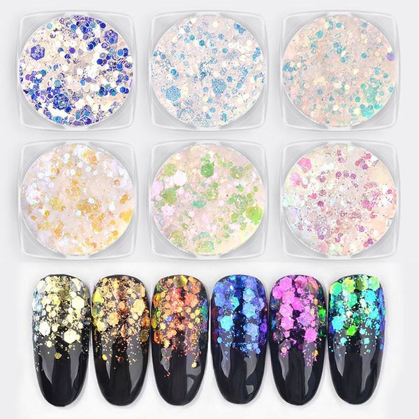 

6 colors nail art sequins ultra-thin mermaid hexagon flakes slice mixed glitter powders 3d sparkling nail art decoration, Silver;gold