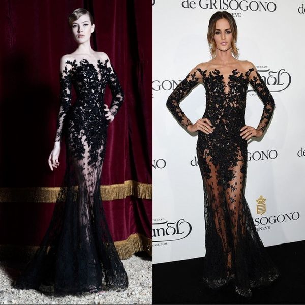 

2019 dresses evening wear long sleeves black lace sheer mermaid prom dresses party gowns long special occasion dubai arabic gowns, Black;red