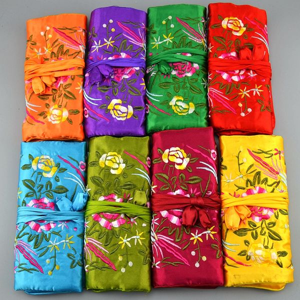 Embroidered Flower and Bird Silk Cosmetic long storage bag with 3 Zipper Pouches and Drawstring for Women's Travel Makeup