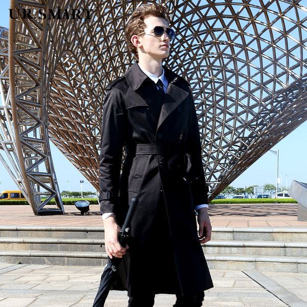 

ursmart paragraph dust coat grows knee-high bi double-breasted weather-proof men's windbreaker british men's fashion coat, Tan;black