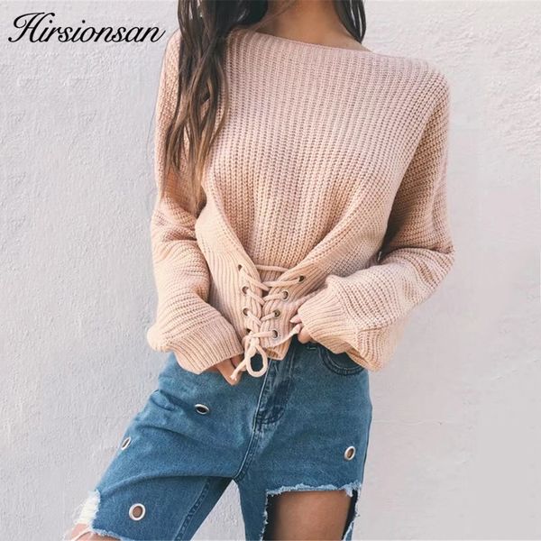 

hirsionsan autumn lace up sweater women 2018 new knitted women sweaters and pullovers solid jumper adjust waist bandage sweater, White;black