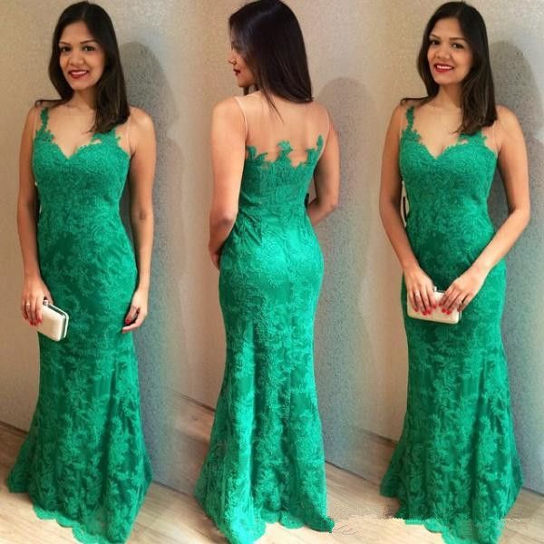 

new classic design green lace evening dresses sheer neck floor length long mermaid party gowns custom size, Black;red