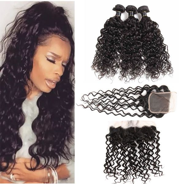 

бразильская малазийский перуанской волна воды волоса девственница 3 связки переплетений с кружевом закрытия или 13x4 lace фронтальной закрыт, Black;brown