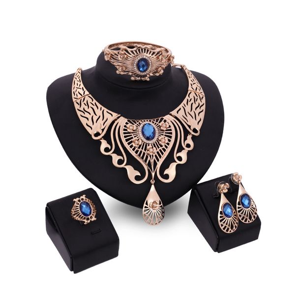 

teardrop blue europe america hing-end wedding womens necklace bangle earrings ring set ladies party alloy four sets of jewel, Slivery;golden