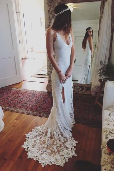 

2018 white simple lace mermaid wedding dresses deep v-neck strap button bridal gowns wedding gowns train wedding gowns bridal dress