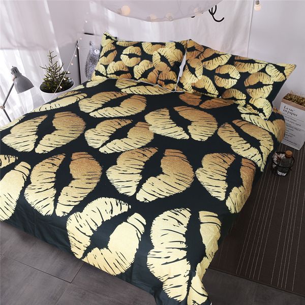 Black Stylish Bedding Set Chic Goldrn Glitter Lips Pattern Duvet