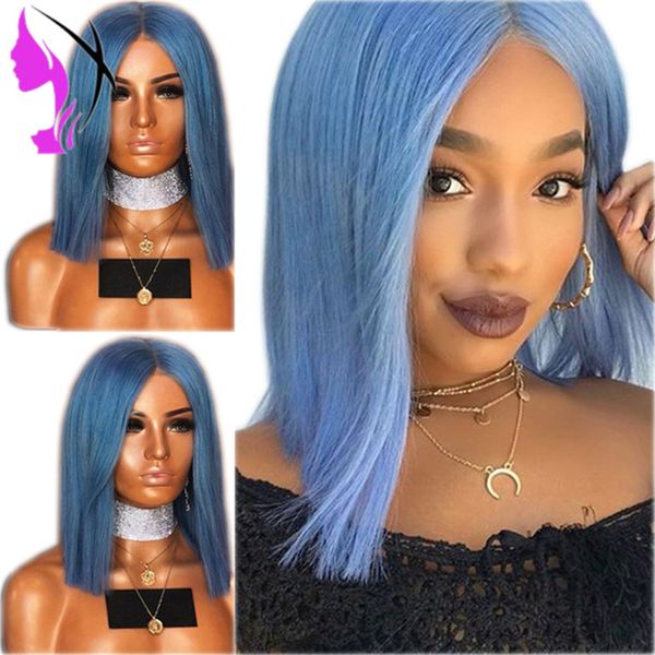 14inches áfrica mulheres americanas Liso Curto perucas cor azul brasileiro laço completo frente peruca Cosplay naturais cabelo sintético resistente ao calor