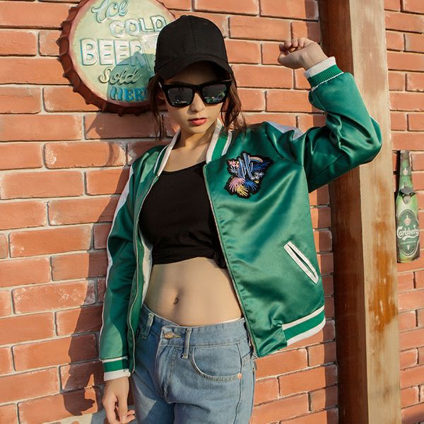 

2018 spring autumn women casual baseball jacket embroidery blue long sleeve jacket with pocket chic women clothing, Black;brown