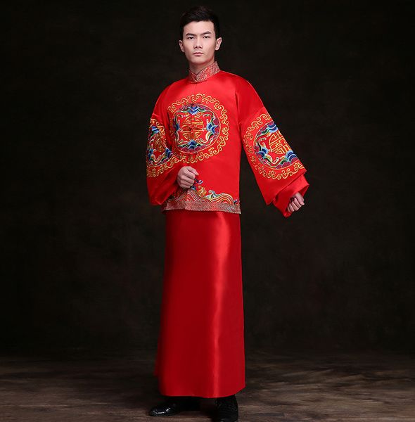 Zeigen Sie Herrenbekleidung von Pratensis im chinesischen Stil, Hochzeitskleid, rote Stickerei, Bräutigam-Abendkleid, langes Kimono-Jacke, Tang-Anzug-Kostüm