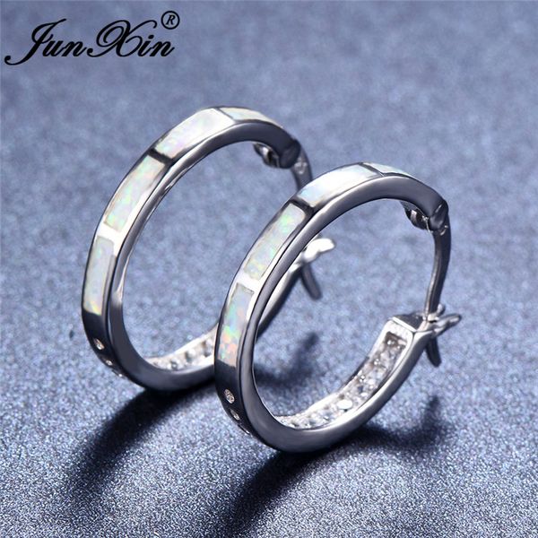 

junxin 925 sterling silver round hoop earrings for women white fire opal birthstone circle earring female luxury wedding jewelry, Golden;silver