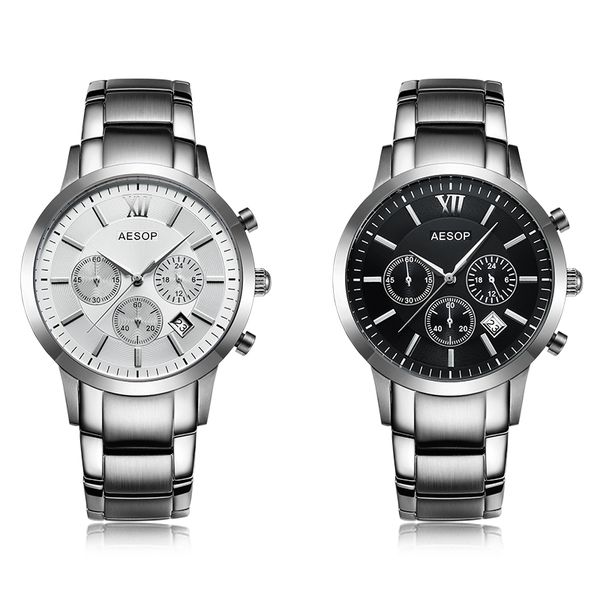 

aesop sapphire crystal watch men sport quartz satch wristwatch auto date leather male clock relogio masculino hodinky new 46 9966g, Slivery;brown
