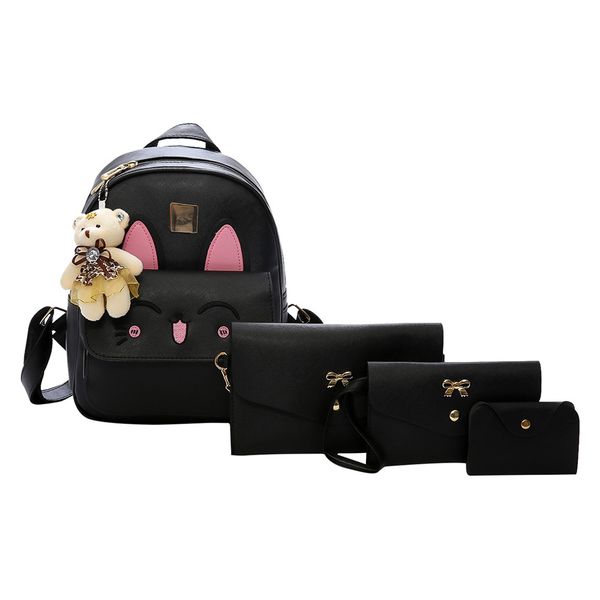 

four pcs set women animal cat leather shoulder bag tote bag crossbody zipper backpack mulher*15