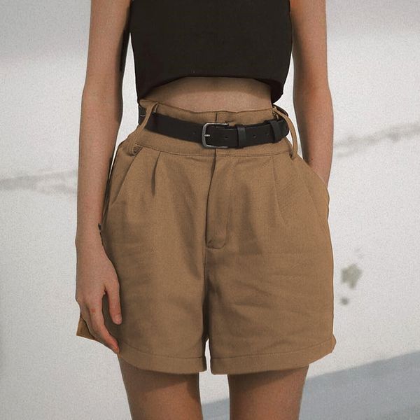 

khaki high waisted zipper fly shorts elegant casual loose women shorts summer cotton ladies short pants with pockets bottoms, White;black