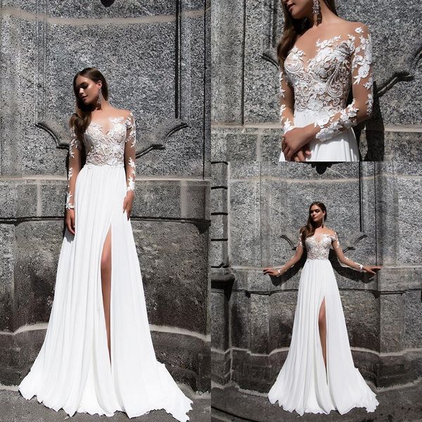 

bohemian beach lace wedding dresses sheer neck long illusion sleeves applique high split sweep train wedding dress bridal gowns boho, White