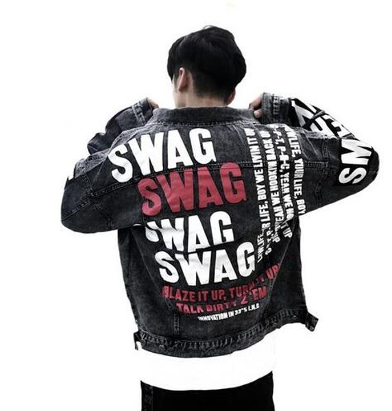 

autumn winter new fashion high street men graffiti denim jackets letter print black blue outerwear motorcycle jacket coats, Black;brown