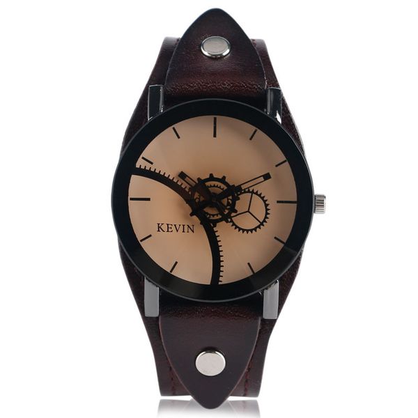 

special design women men gear cool rock sport casual quartz round dial wrist watch fashion punk pu leather erkek kol saat clock, Slivery;brown