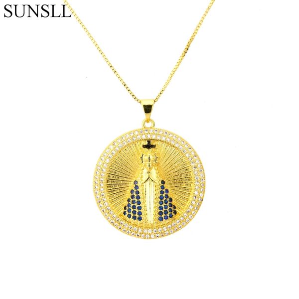 

sunsll gold color copper white cubic zirconia round pendant necklaces women's fashion jewelry nossa senhora cz colar feminina, Silver