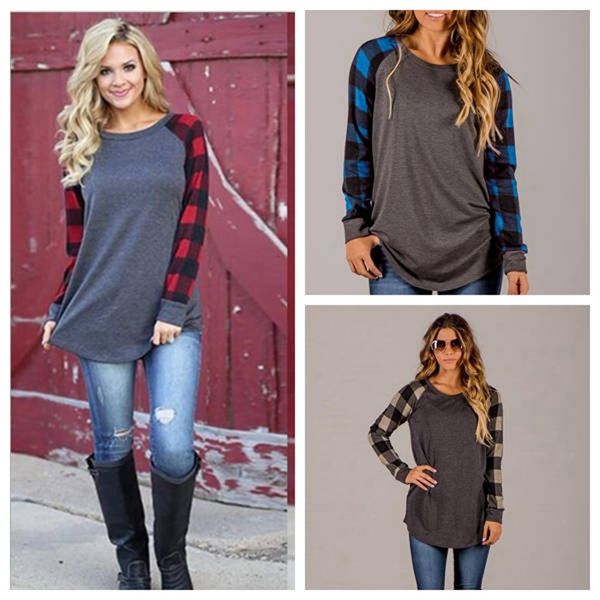 

Плед футболка женщины реглан рукава рубашки плюс размер топы мода сетки блузки Fas