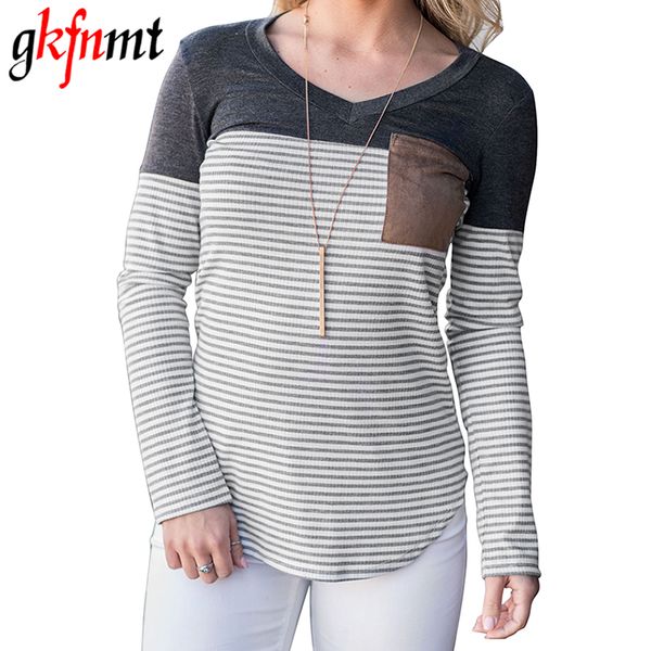 

gkfnmt long sleeve striped patchwork pockets tee shirt femme 2018 t shirt women fashion t-shirt camiseta mujer plus size, White