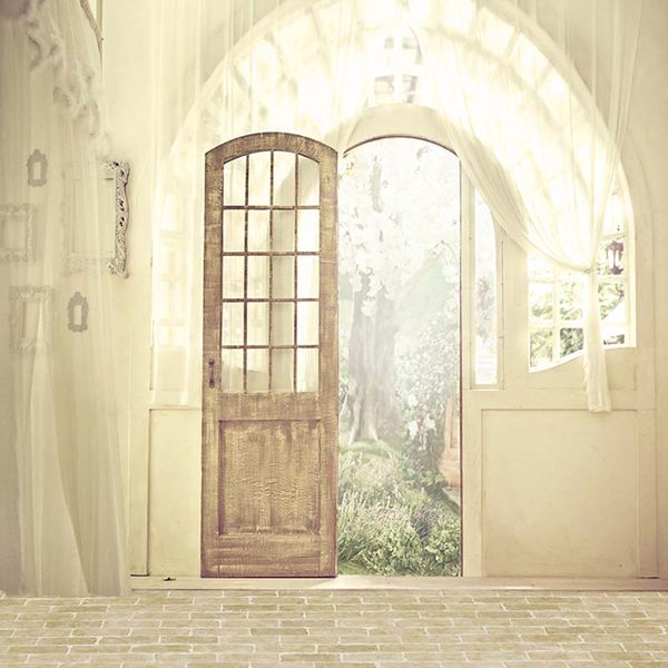 Arco de Madeira do vintage Porta Pano de Fundo para o Casamento Fotografia Impresso Cortinas Quadros Indoor Photo Studio Backgrounds Brick Floor