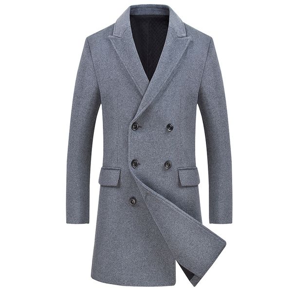 

men wool trench coat autumn winter long jacket double breasted pea coat overcoat men slim fit woolen trench coats windbreaker, Black