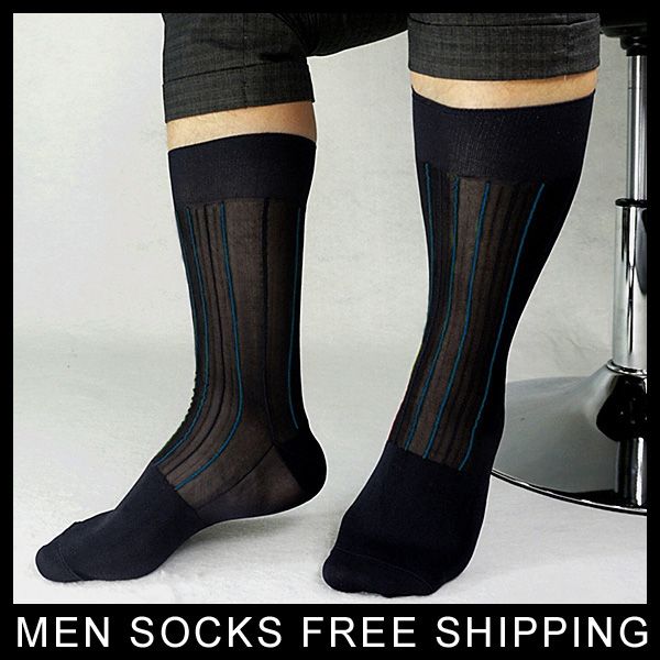 

mens transparent nylon silk socks striped brand formal suit socks hose thick n thin male for collection, Black
