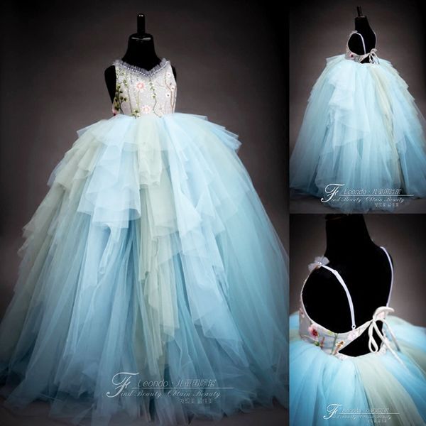 

colorful flower girl dresses v neck lace appliques pearls a line tiered skirts girls pageant dresses lace up back kids formal gowns, White;blue