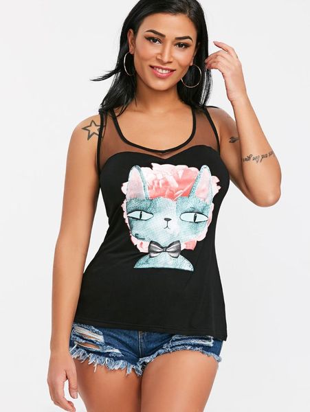 

kenancy sheer mesh floral cat print tank top, White
