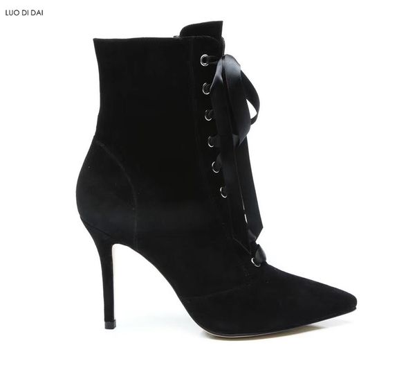 

2018 новых женщин Suede ботильоны сапоги Высокие каблуки пинетки Указанный Toe коротки